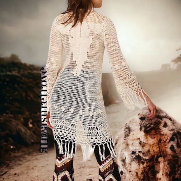 Anna Kosturova x Free People Desert View M/L Ivory Crochet Animal Design Kimono